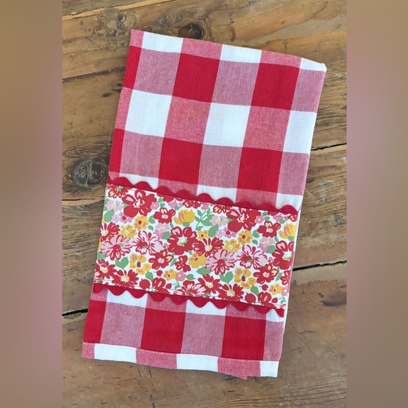 Paisley Pirate Other - Handmade Kitchen Towel Red & Wht Buffalo Chck 100% cotton farmhouse Cottagecore